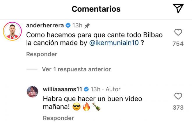 Conversación entre Iñaki Williams y Ander Herrera en Instagram.