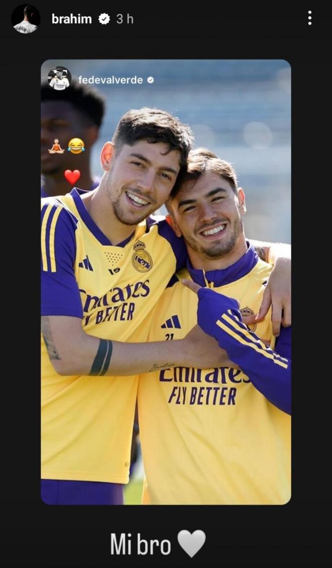 La historia de Brahim Díaz junto a Fede Valverde en su perfil de Instagram (Fuente: @brahim)