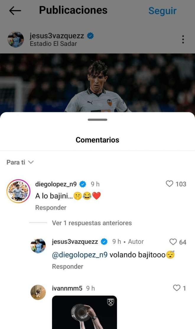 Diego López y su 'a lo bajini' en el instagram de Jesús Vázquez