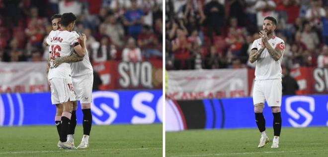 Sergio Ramos ovacionando el cambio de Jesús Navas (Fotos: Kiko Hurtado)