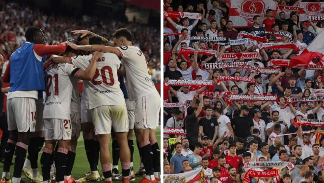 Celebración de uno de los goles del Sevilla al Mallorca en el Sánchez-Pizjuán