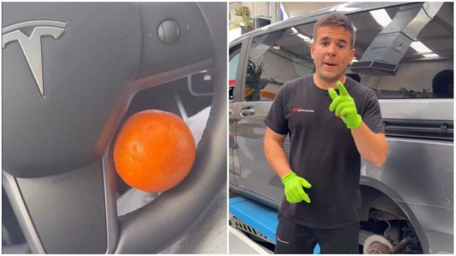 Ángel Gaitán y el colocar una mandarina en el volante de un Tesla (foto: Ángel Gaitán)