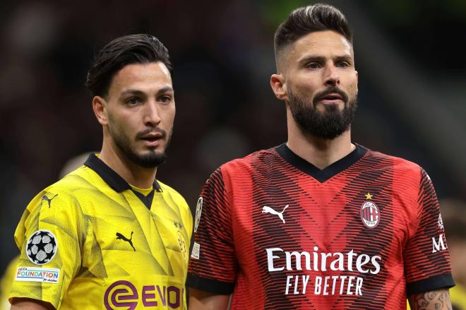 Ramy Bensebaini y Olivier Giroud, en un Milan-Dortmund de Champions (Foto: Cordon Press).