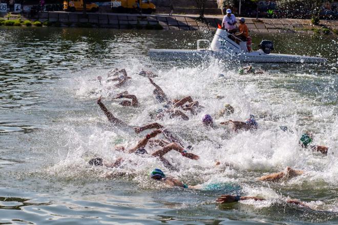 Los nadadores compiten en las aguas del Guadalquivir.