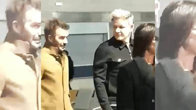 David Beckham y Victoria Beckham junto al chef Gordon llegando a Valladolid