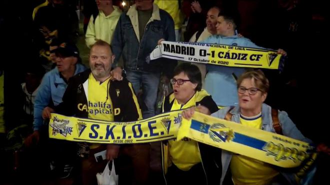 La afición del Cádiz que ha viajado a Madrid para apoyar a su equipo (Fuente: ElDesmarque)