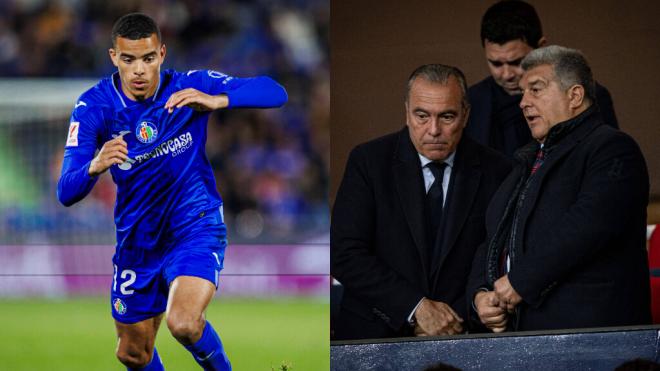 Mason Greenwood con el Getafe y Laporta junto a Rafa Yuste (Montaje: Cordon Press)