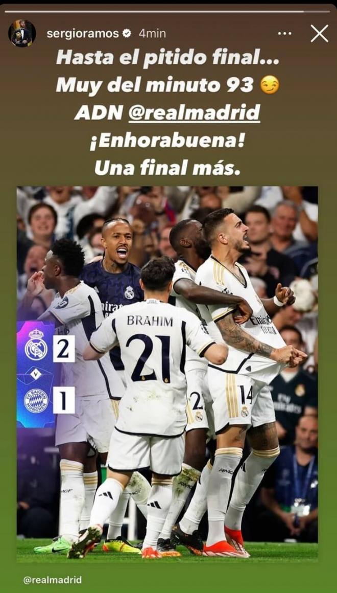 Felicitación de Sergio Ramos al Real Madrid en su cuenta de Instagram.