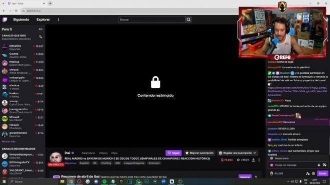 La pantalla de bloqueo de Grefg ante el canal de Ibai Llanos en Twitch.