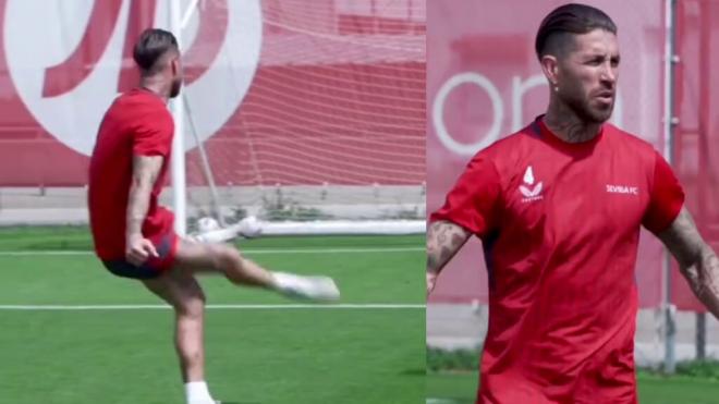 Sergio Ramos tirando penaltis en el entrenamiento del Sevilla (@Sevillacf)