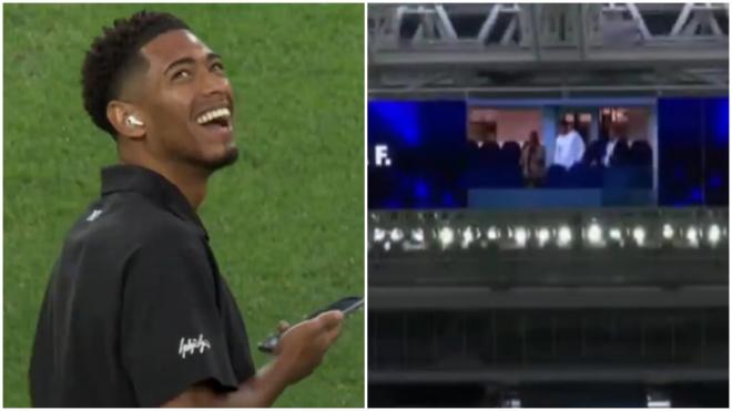 Bellingham partiéndose de risa viendo a su padre en el videomarcador (Captura de 'Real Madrid TV')