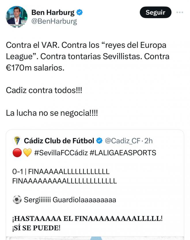 Ben Harburg carga contra el Sevilla en redes sociales.