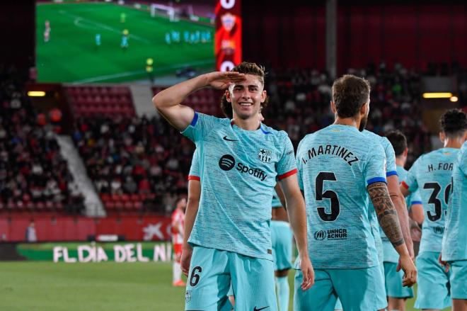 Fermín López celebra un gol en el Almería-Barcelona (Foto: EFE).