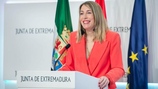 La presidenta de Extremadura, María Guardiola, en una comparecencia tras un Consejo de Gobierno (Junta de Extremadura/Europa Press)