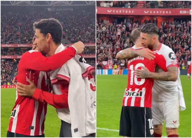 Iker Muniain, ahora jugando en Argentina, se abrazaba con Jesús Navas y Sergio Ramos, por entonces jugadores ambos del Sevilla FC (Fotos: Athletic Club).