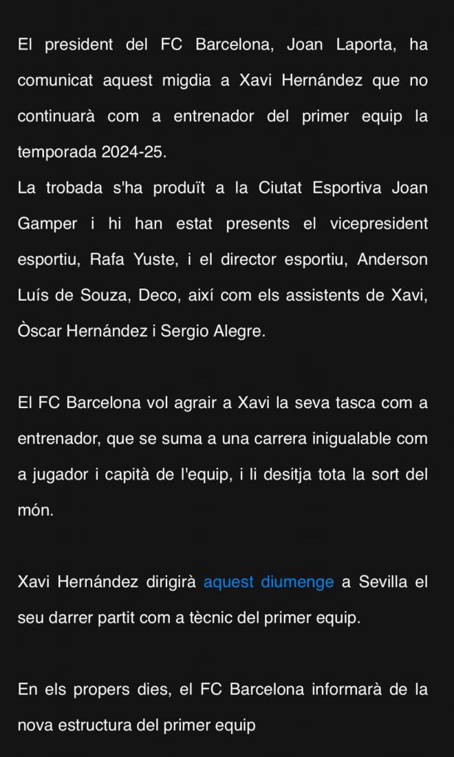 Comunicado del Barça sobre la salida de Xavi Hernández