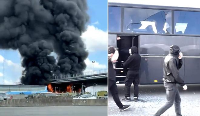Los autobuses incendiados antes del Lyon-PSG.