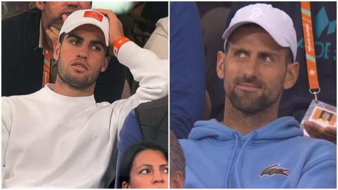 Alcaraz y Djokovic viendo el partido de Rafa Nadal (Captura 'Eurosport')