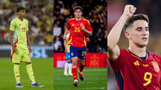 Lamine Yamal, Pau Cubarsí y Gavi, jugadores de la Selección Española qu debutaron muy pronto.