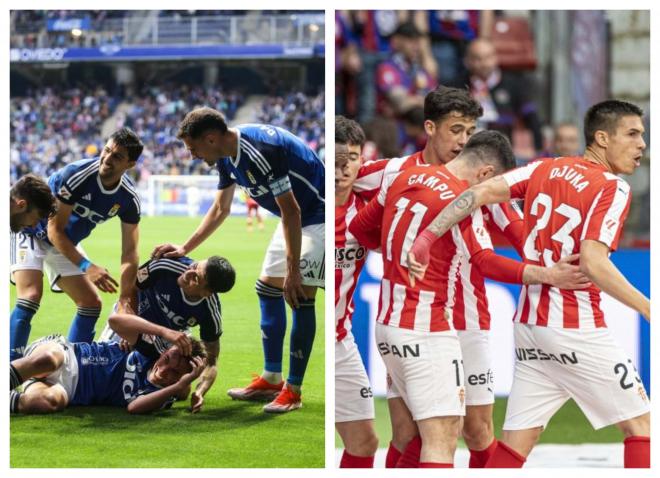 Real Oviedo y Sporting celebran sus goles en la penúltima jornada del campeonato.