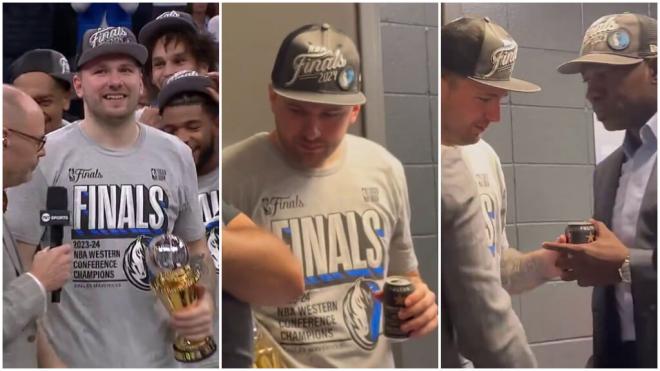 Luka Doncic celebrando el MVP con un cerveza y Michael Finley se la quita