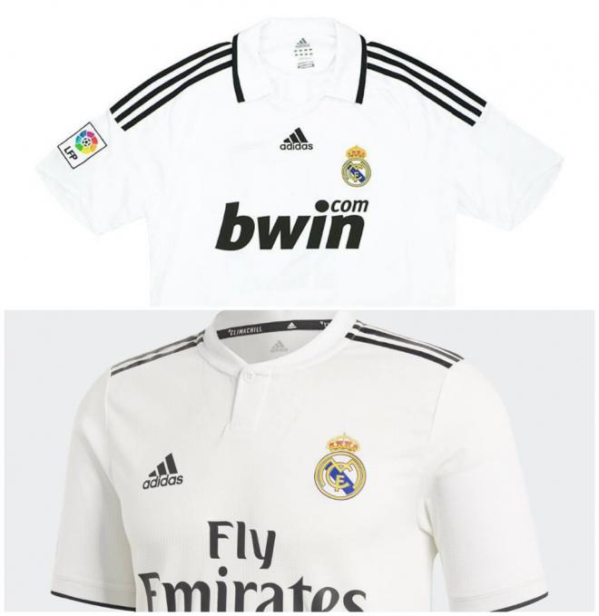 Camisetas del Madrid en la 08/09 y en la 18/19
