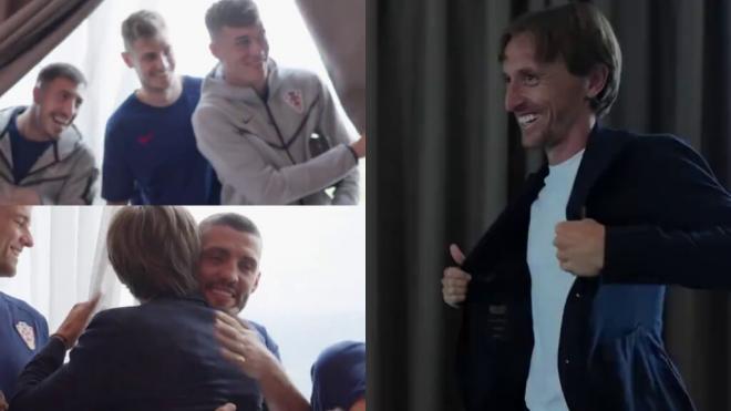Luka Modric sorprendido por sus compañeros en la concentración de Croacia (HNS)