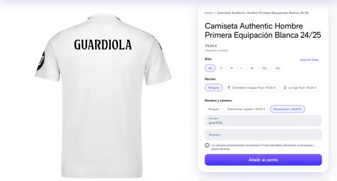 El nombre 'Guardiola' en el dorsal de la camiseta del Real Madrid (Fuente: RM)