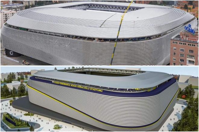 Santiago Bernabéu (arriba) y el nuevo prototipo de estadio del Fenerbahçe (abajo).