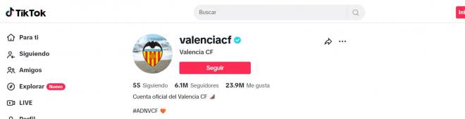 El perfil de Tik Tok del Valencia CF es la red social con más seguidores.