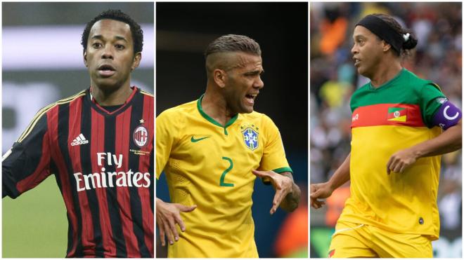 Robinho, Dani Alves y Ronaldinho, jugadores que han estado en prisión.