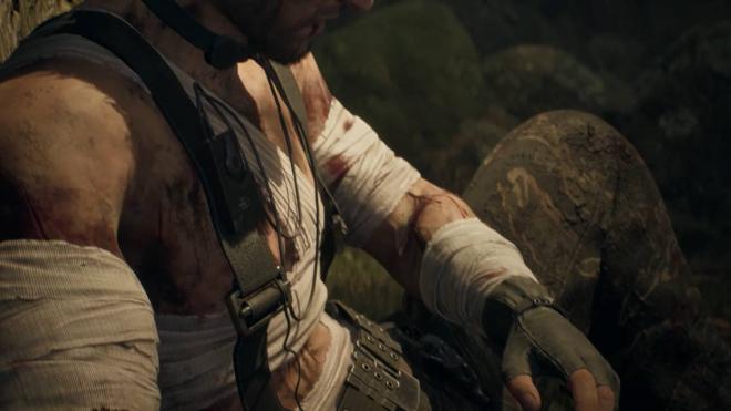Snake curándose un brazo roto en Metal Gear Solid Delta: Snake Eater