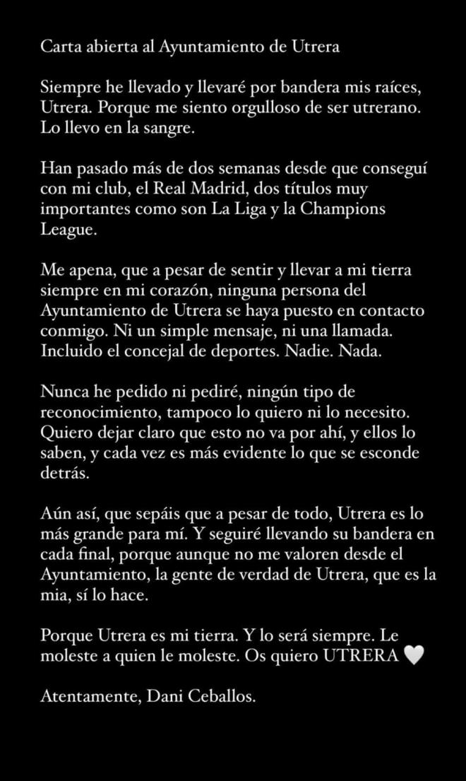 La carta de Dani Ceballos al Ayuntamiento de Utrera (Instagram: @danifuli10)