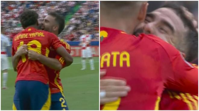 Los abrazos de Carvajal con Lamine Yamal y Morata tras marcar en el España-Croacia.