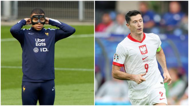 Kylian Mbappé y Robert Lewandowski, rivales en el Francia - Polonia de la Eurocopa.