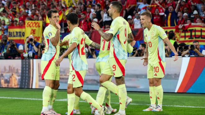 Los jugadores de la Selección Española, en el partido contra Albania (Cordon Press)
