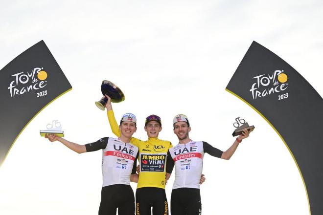 Vingegaard, Pogacar y Yates, en el podio del Tour de Francia 2023.