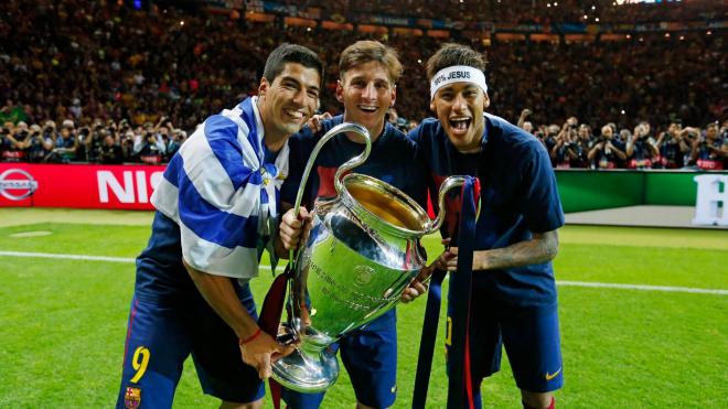 Luis Suárez, Leo Messi y Neymar, la MSN del Barça (Foto: FCB).