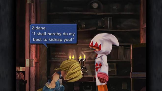 La famosa escena del secuestro al inicio del juego entre Yitán y Garnet en Final Fantasy IX.