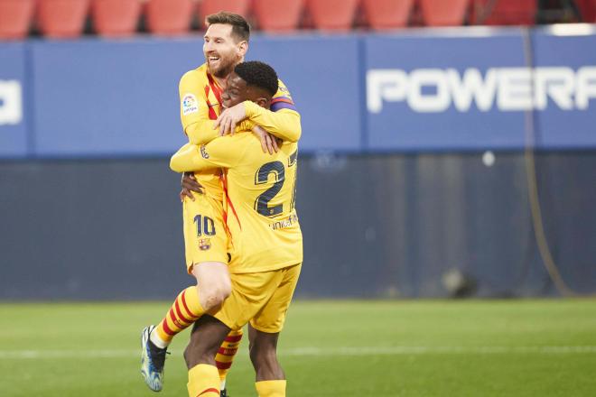 Ilaix Moriba celebra con Messi su primer gol con el Barcelona (Foto: LaLiga).