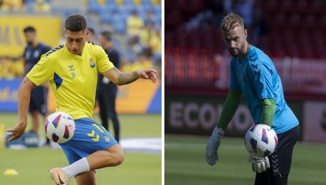 Aarón Escandell y Álvaro Lemos, tras García Pimienta en Las Palmas (Foto: LALIGA).