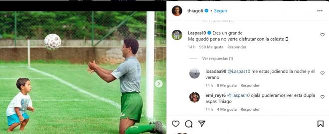 Comentario de Iago Aspas en la publicación de Instagram de Thiago Alcántara.