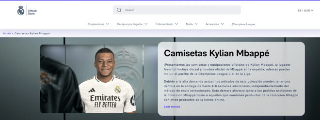 Camiseta de Kylian Mbappé en la página oficial del Real Madrid