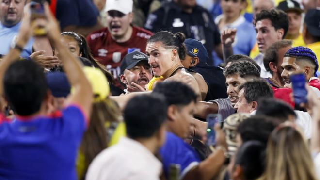 Darwin Núñez peleando contra aficionados colombianos en la Copa América (EFE)