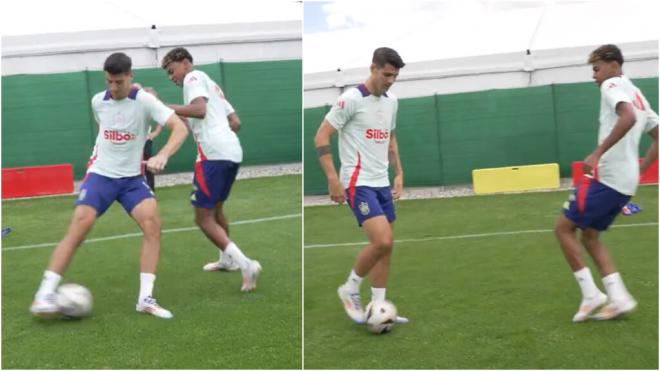 Álvaro Morata y Lamine Yamal durante el entrenamiento de España (Fuente: @SeFutbol)