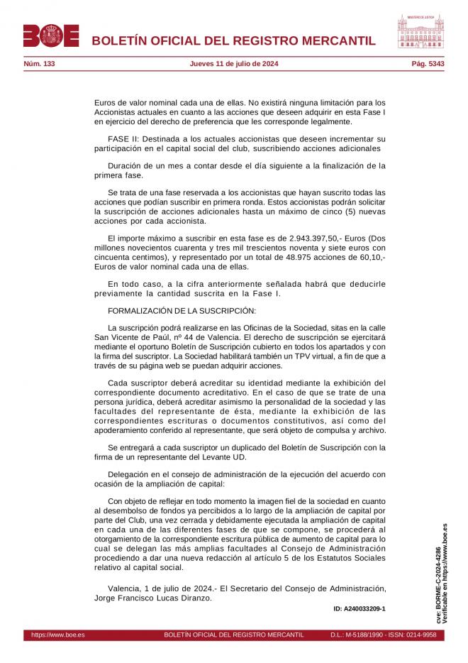 El BORME publicó este jueves la ampliación de capital del Levante UD.