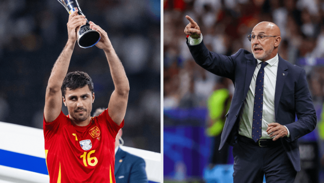 Rodrigo Hernández y Luis de la Fuente, en la final de la Eurocopa (Fotos: Cordon Press).