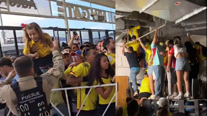 Padres poniendo a salvo a sus hijos e hinchas colándose por conductos de ventilación.