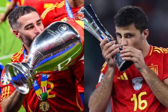 Dani Carvajal y Rodri, con el trofeo de la Eurocopa y el MVP del torneo respectivamente (Foto: Cord