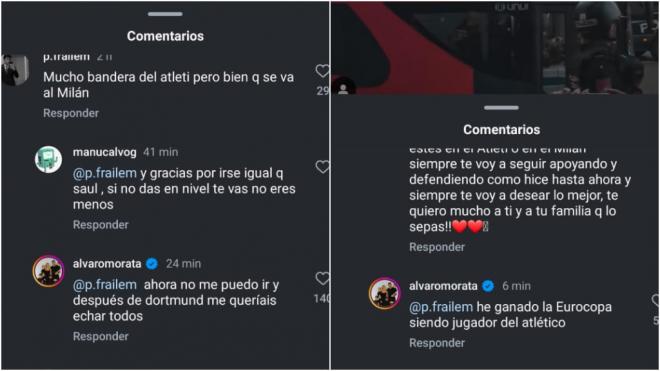 Los comentarios en redes a los que respondió Álvaro Morata (Captura Instagram)